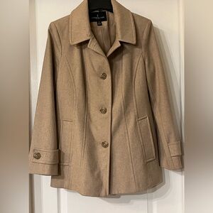 London Fog Med Lined Single Breasted Button Up Oatmeal Tan PeaCoat